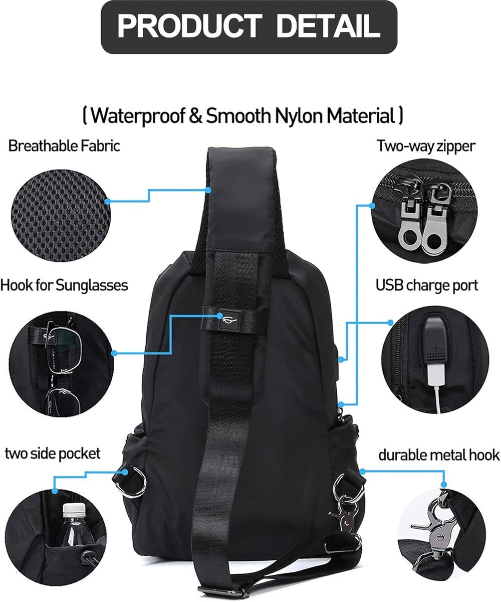 Gadgetzan® Crossbody Schoudertas met USB-Poort – Voor Kamperen, Wandelen, Fietsen en Dagelijks Gebruik - Rugtas met een strap voor gemakkelijk gebruik - Voor op je rug en borst - Beige- Ideaal voor telefoon en portomonee - Grijs