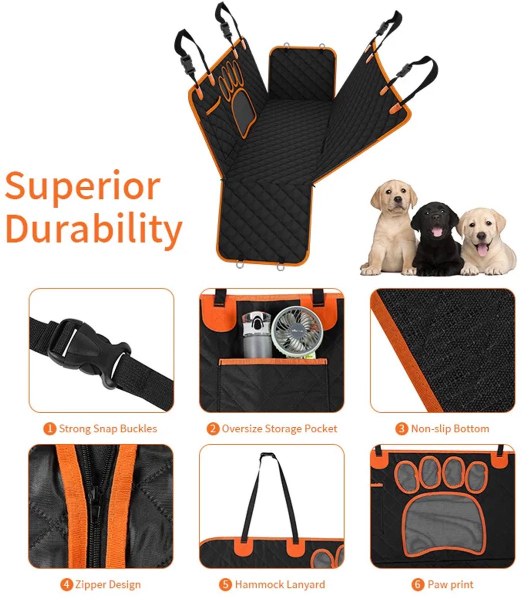 Gadgetzan® 2-in-1 Honden Autodeken Achterbank & Kofferbak – Waterdichte Achterbankbeschermer – Hondenhangmat, Antislip en Opbergvak – Krasbestendig – Grijs/Oranje