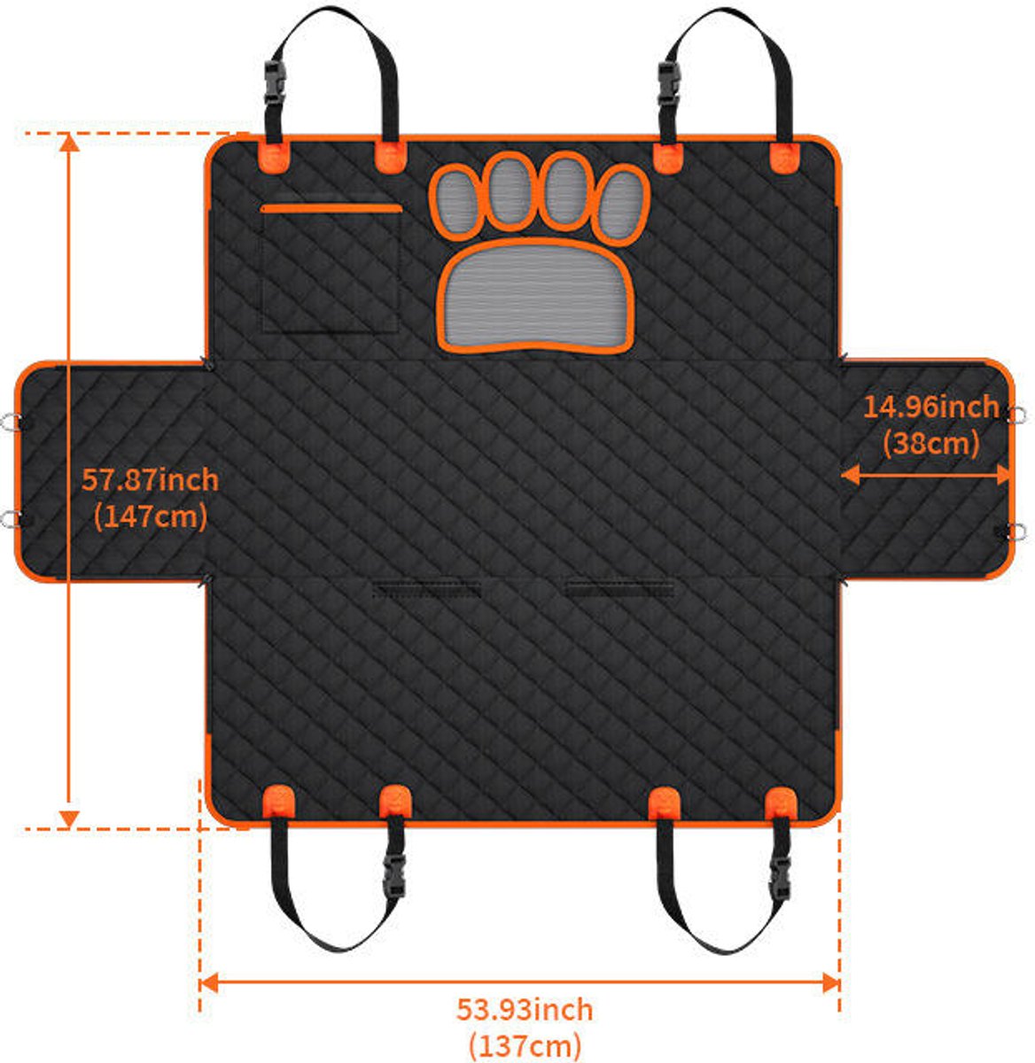 Gadgetzan® 2-in-1 Honden Autodeken Achterbank & Kofferbak – Waterdichte Achterbankbeschermer – Hondenhangmat, Antislip en Opbergvak – Krasbestendig – Grijs/Oranje