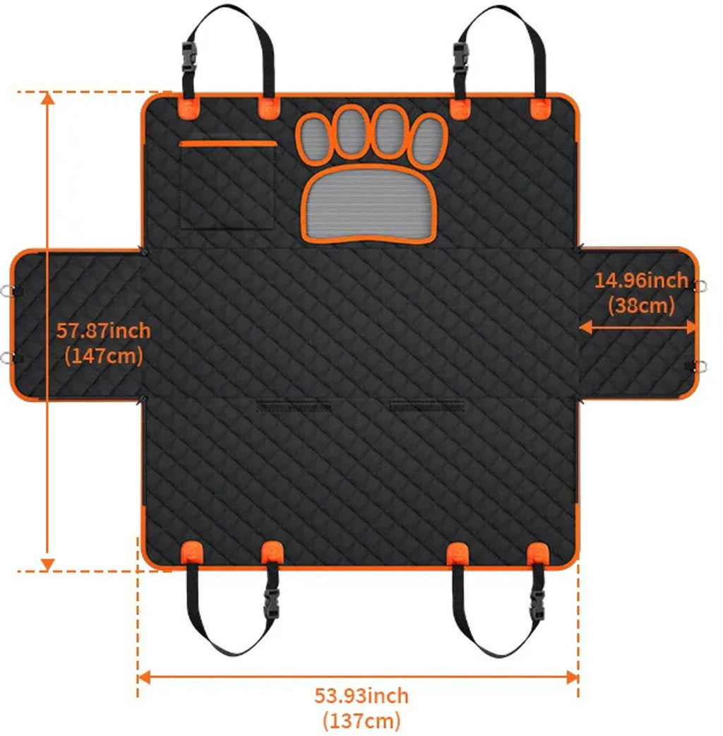 Gadgetzan® 2-in-1 Honden Autodeken Achterbank & Kofferbak – Waterdichte Achterbankbeschermer Auto – Hondenhangmat, Antislip, Veiligheidsgordel & Opbergvak – Zwart/Oranje