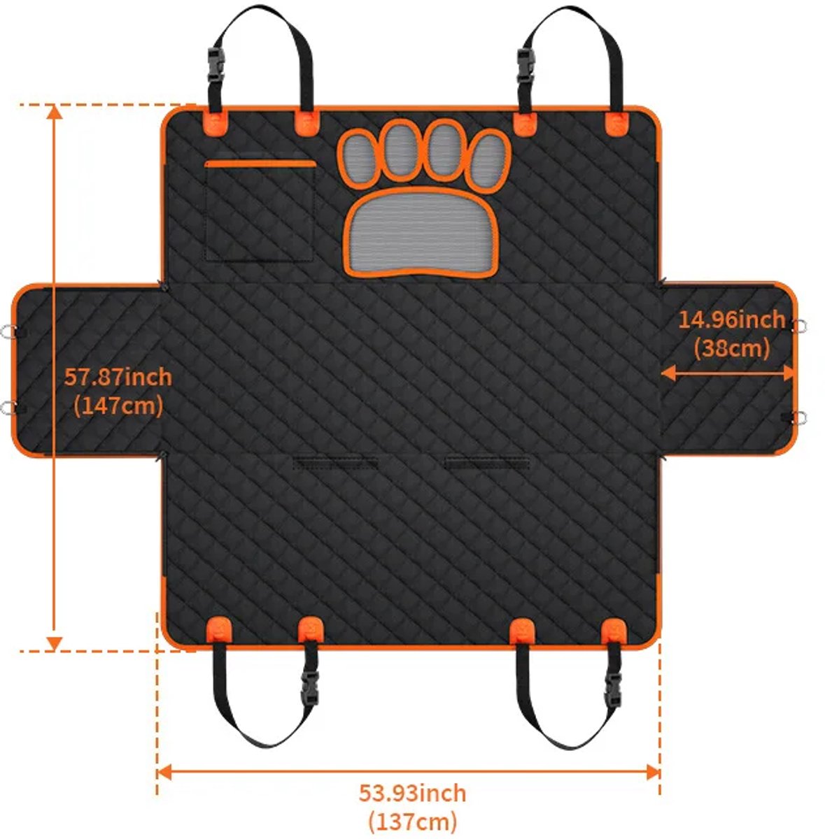 Gadgetzan® 2-in-1 Honden Autodeken Achterbank & Kofferbak – Waterdichte Achterbankbeschermer Auto – Hondenhangmat, Antislip, Veiligheidsgordel & Opbergvak – Zwart/Oranje