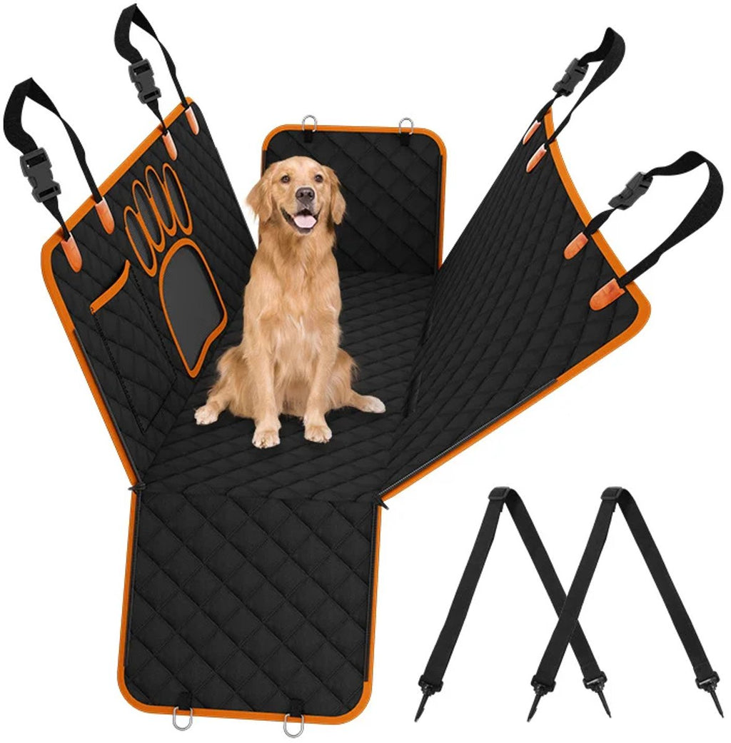 Gadgetzan® 2-in-1 Honden Autodeken Achterbank & Kofferbak – Waterdichte Achterbankbeschermer Auto – Hondenhangmat, Antislip, Veiligheidsgordel & Opbergvak – Zwart/Oranje