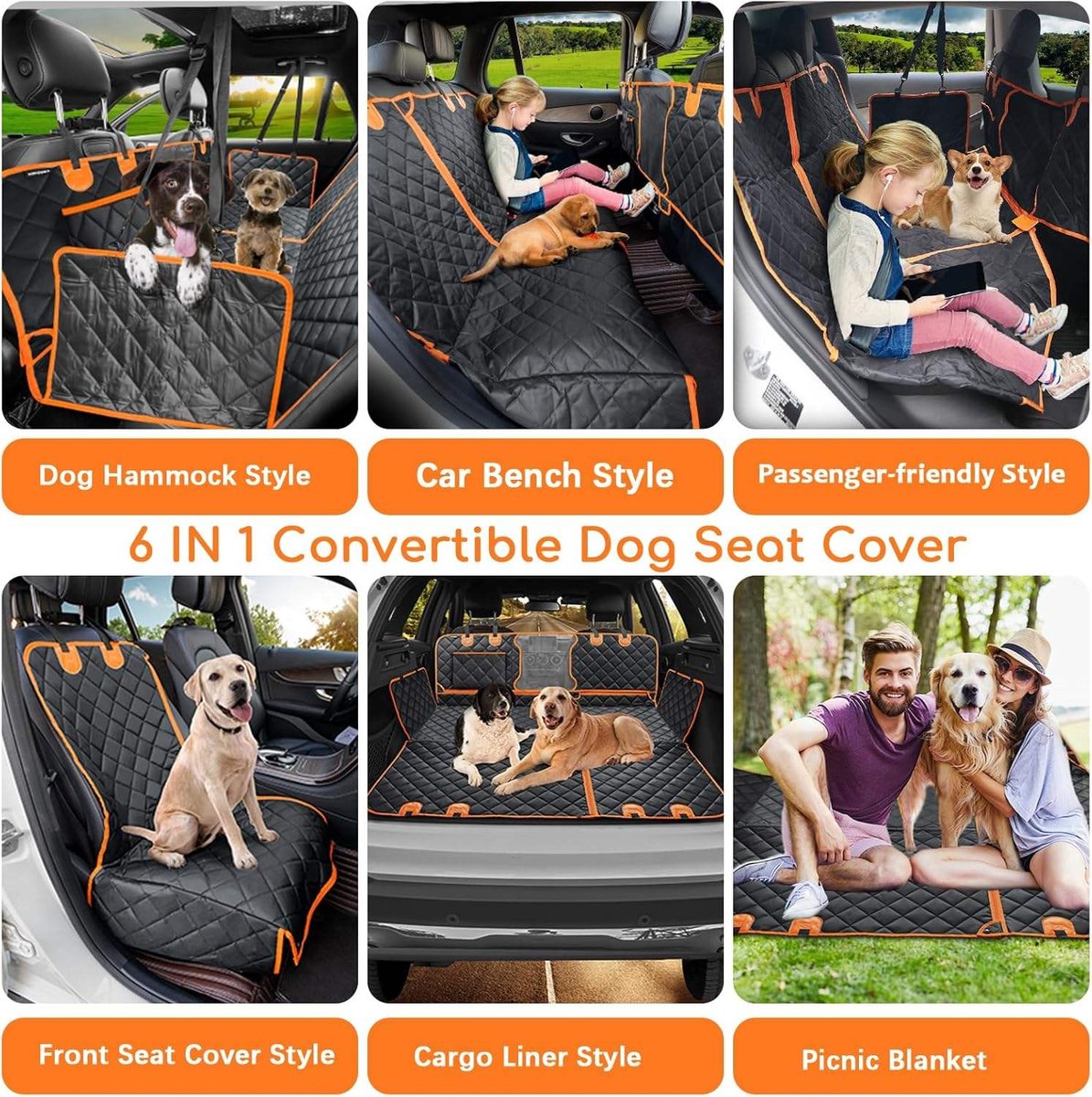 Gadgetzan® 2-in-1 Honden Autodeken Achterbank & Kofferbak – Waterdichte Achterbankbeschermer – Hondenhangmat, Antislip en Opbergvak – Krasbestendig – Grijs/Oranje