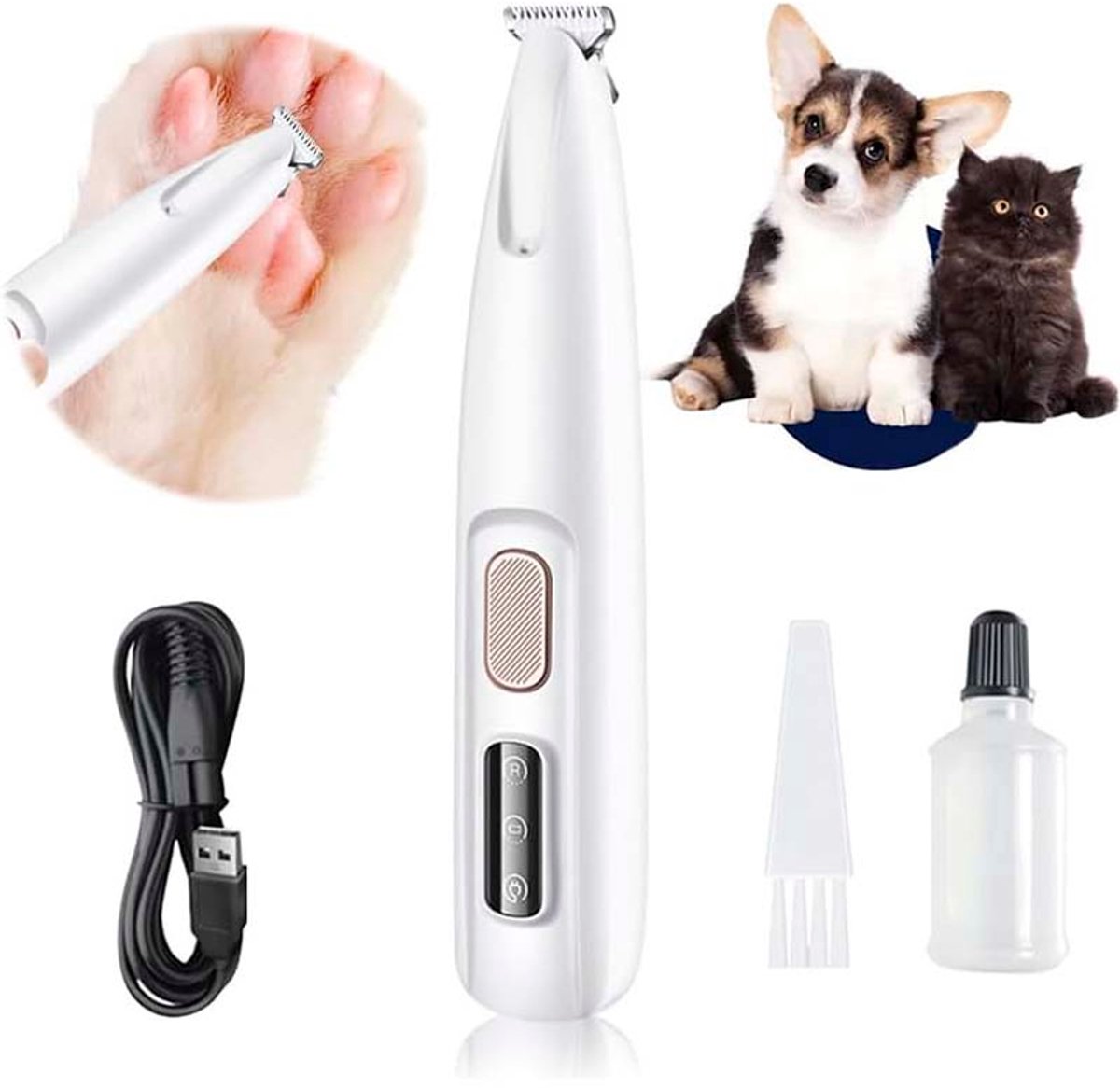 Gadgetzan® Waterdichte Oplaadbare Huisdierentrimmer voor Honden en Katten – Draadloze Scheermachine met LED-verlichting – Voor Poten, Ogen en Oren USB-Kabel - Wit
