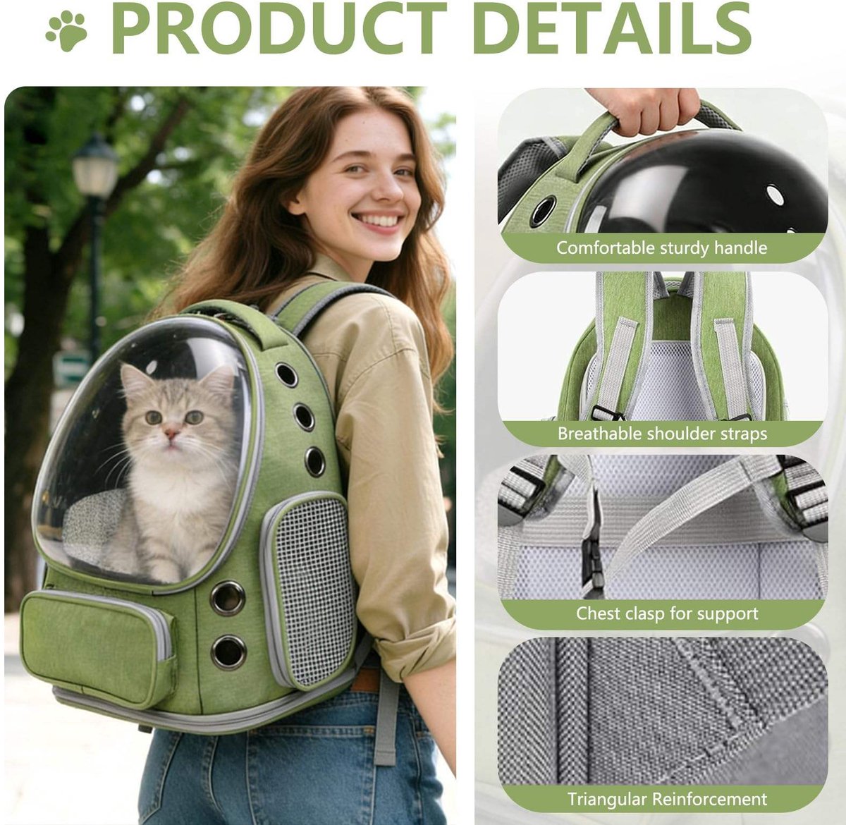 Gadgetzan® Kattenrugzak met Transparant Kijkvenster – Ademend, Opvouwbaar, Krasbestendig en Ruim – Reistas voor Katten – Voor Reizen - Wandelen - Groen