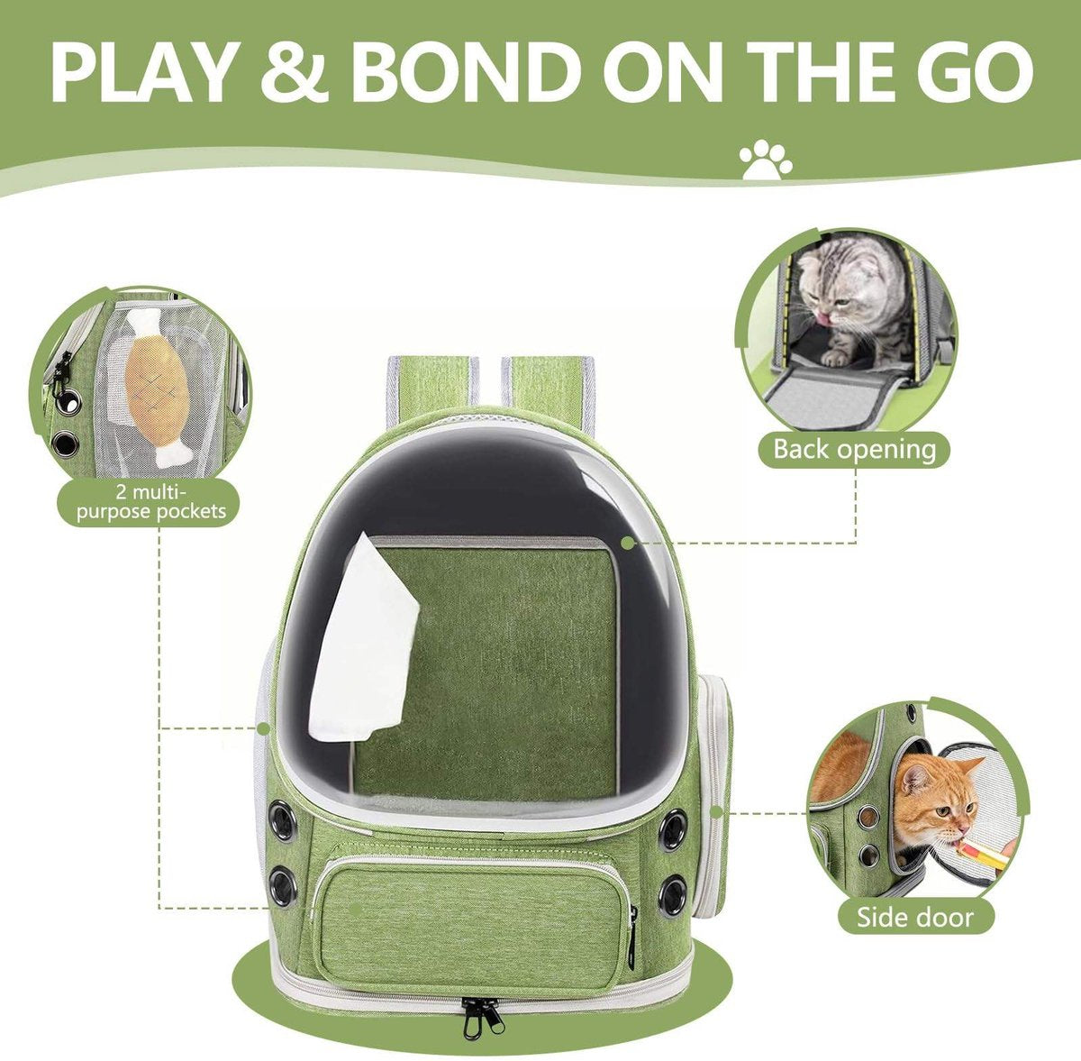 Gadgetzan® Kattenrugzak met Transparant Kijkvenster – Ademend, Opvouwbaar, Krasbestendig en Ruim – Reistas voor Katten – Voor Reizen - Wandelen - Groen