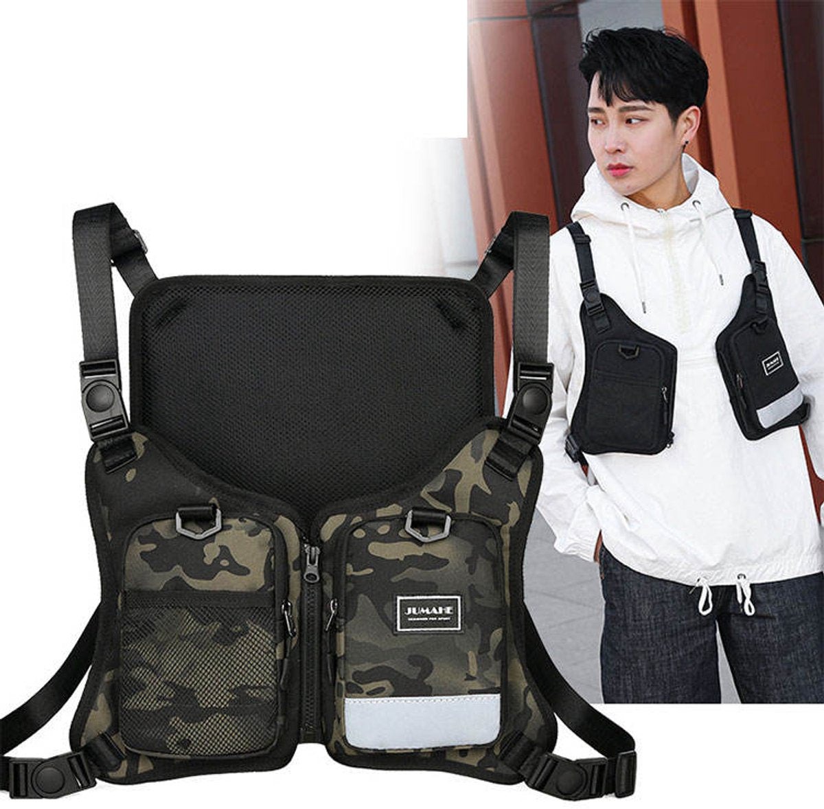 Gadgetzan® Nylon Running - Survival Vest – Lichtgewicht Verstelbare Borsttas met Telefoonvak – Sporttas voor Hardlopen, Wandelen, Fietsen en Outdoor - Camouflage - Reflecterend - Zwart