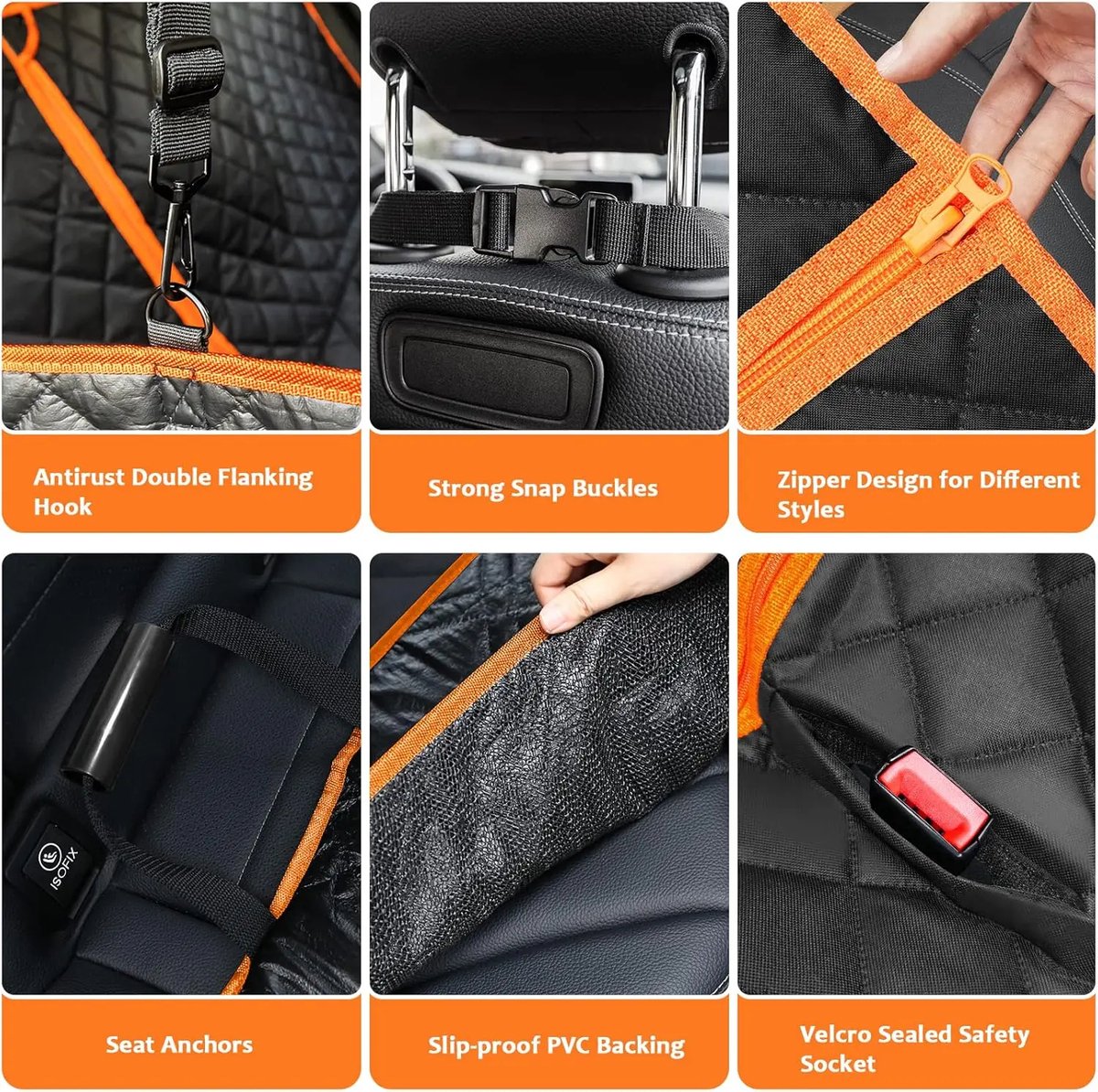 Gadgetzan® 2-in-1 Honden Autodeken Achterbank & Kofferbak – Waterdichte Achterbankbeschermer Auto – Hondenhangmat, Antislip, Veiligheidsgordel & Opbergvak – Zwart/Oranje