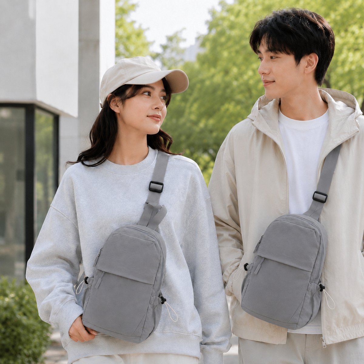 Gadgetzan® Crossbody Schoudertas met USB-Poort – Voor Kamperen, Wandelen, Fietsen en Dagelijks Gebruik - Rugtas met een strap voor gemakkelijk gebruik - Voor op je rug en borst - Beige- Ideaal voor telefoon en portomonee - Grijs