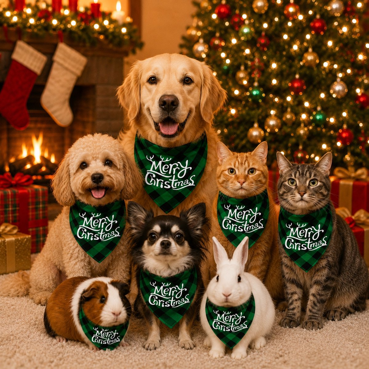 Gadgetzan® Merry Christmas Huisdierensjaal – Geruite Driehoek Bandana – Feestelijk en Comfortabel – Voor Middelgrote en Grote Huisdieren - Groen