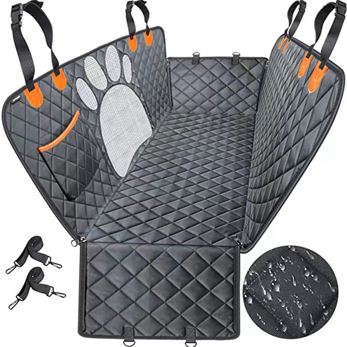 Gadgetzan® 2-in-1 Honden Autodeken Achterbank & Kofferbak – Waterdichte Achterbankbeschermer – Hondenhangmat, Antislip en Opbergvak – Krasbestendig – Grijs/Oranje