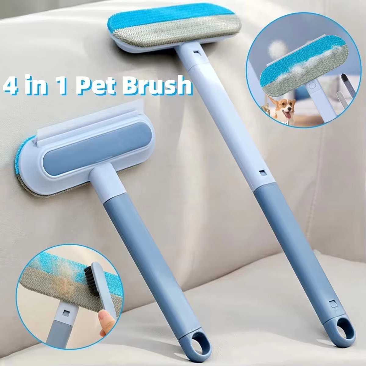 Gadgetzan® Multifunctionele Huisdierenhaar Verwijderborstel – Lange Steel – Voor Ramen, Horren, Meubels en Kattenhaar - Blauw/Grijs