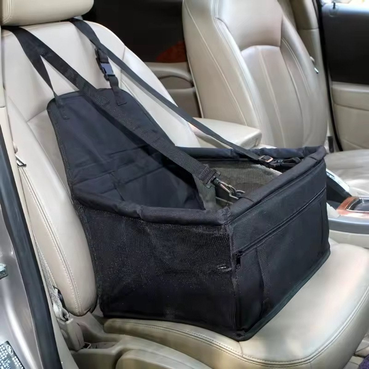 Gadgetzan® Honden Autostoel – Autostoel voor Kleine Honden & Katten – Opvouwbare Hondenstoel Auto met Veiligheidslijn, Opbergvak en Verstelbare Bevestigingsriemen – Zwart