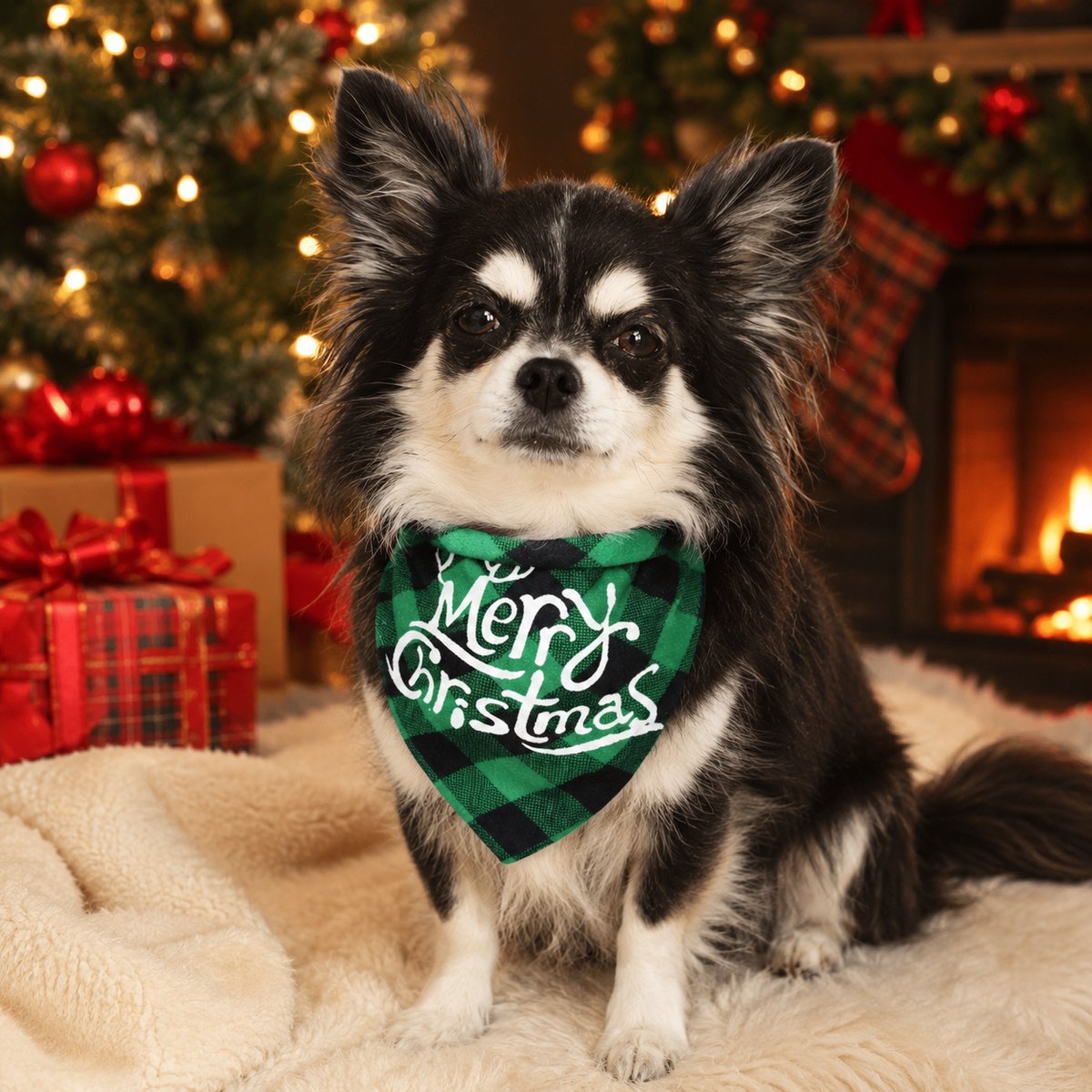 Gadgetzan® Merry Christmas Huisdierensjaal – Geruite Driehoek Bandana – Feestelijk en Comfortabel – Voor Middelgrote en Grote Huisdieren - Groen